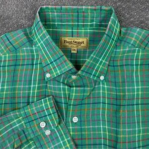 Vintage Paul Stuart Button-Down Linen Shirt Men's XXL Green Plaid Check NWOT